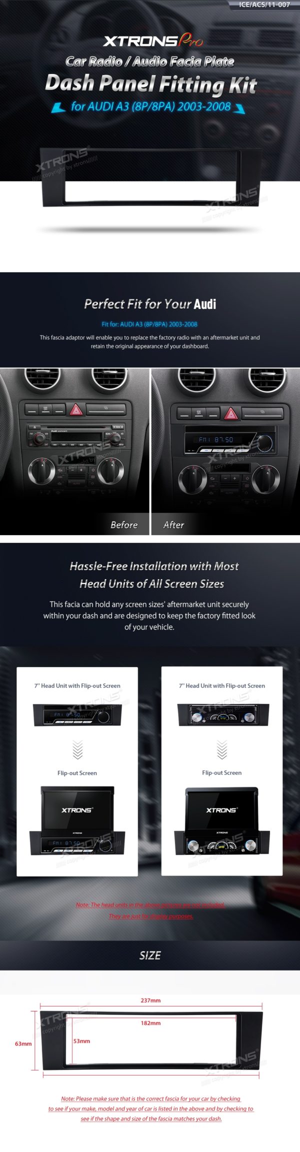 AUDI A3 (8P/8PA) Car Stereo Single Din Fascia Plate Adaptor Panel Surround