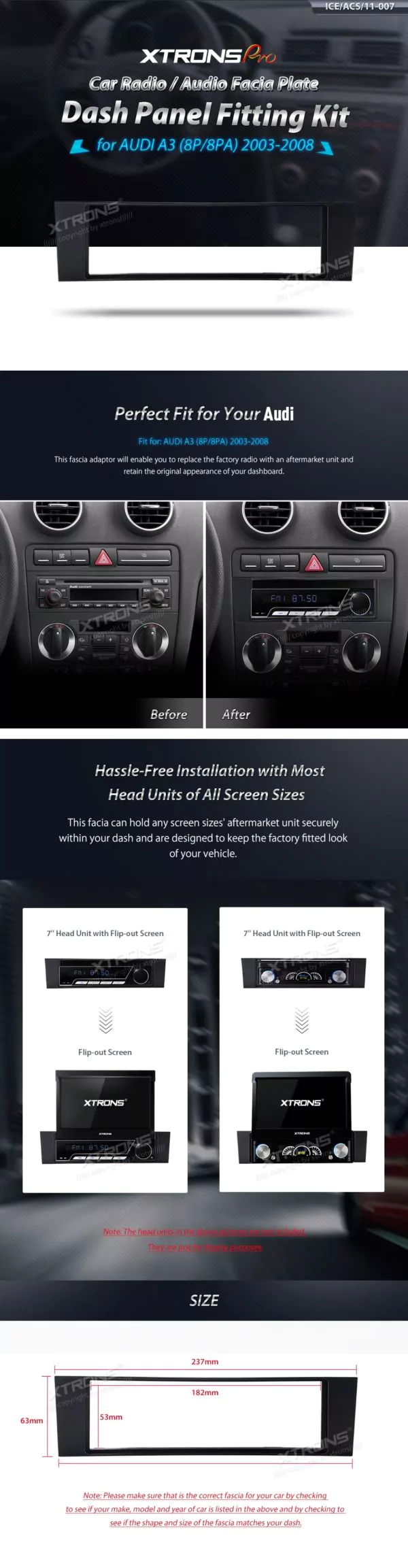 AUDI A3 (8P/8PA) Car Stereo Single Din Fascia Plate Adaptor Panel Surround
