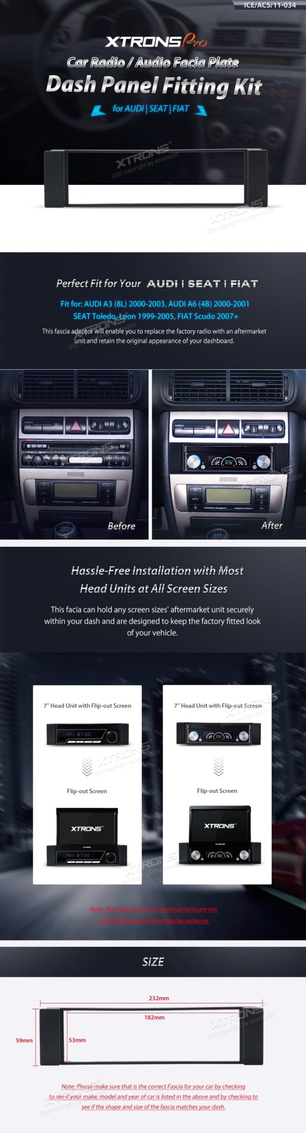 Seat, Audi, Fiat Car Stereo Single Din Fascia Plate Adaptor Panel Surround