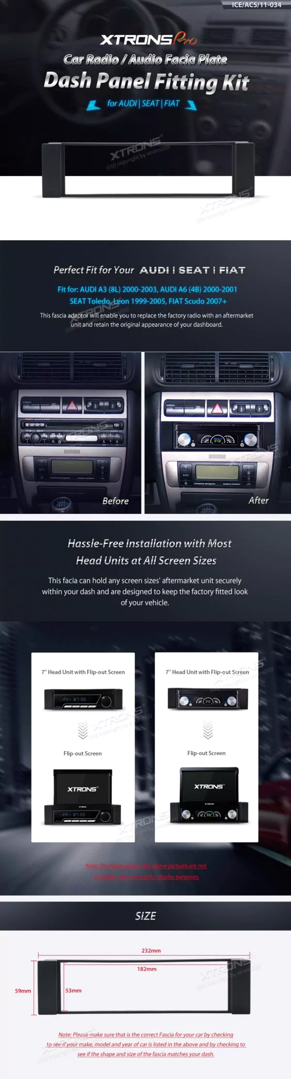 Seat, Audi, Fiat Car Stereo Single Din Fascia Plate Adaptor Panel Surround
