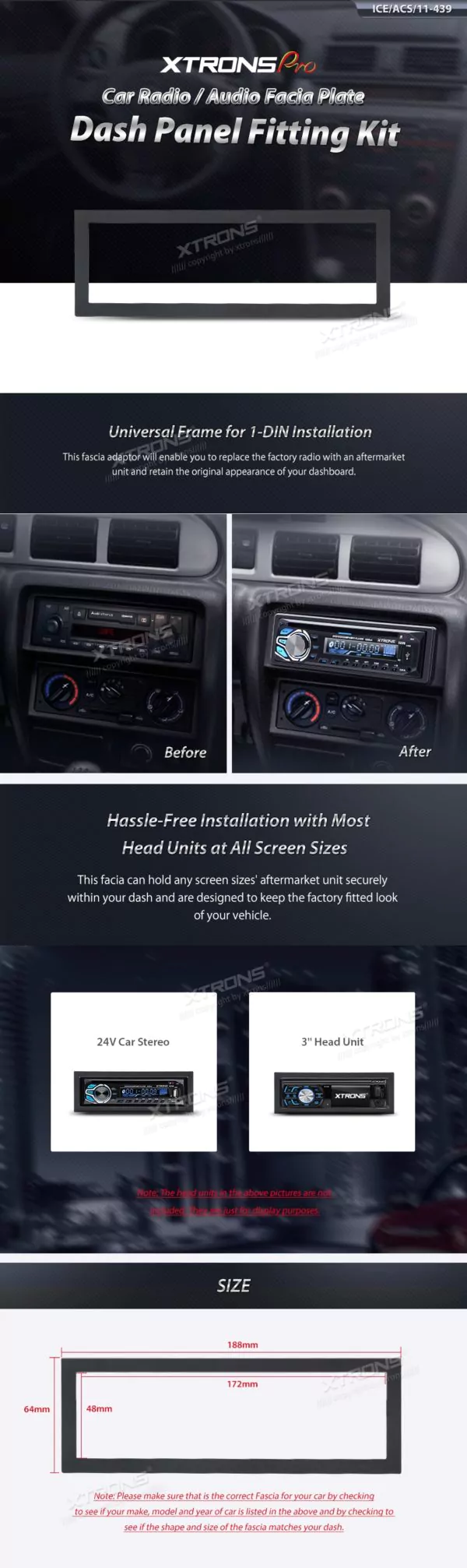 173*50 / 188*64 mm Single DIN Universal Fascia Facia Surround Trim Installation Kit