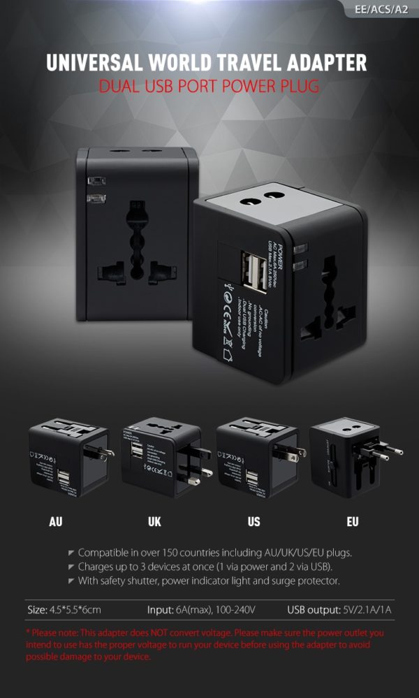 Universal World travel Adapter - Dual USB Port Power Plug