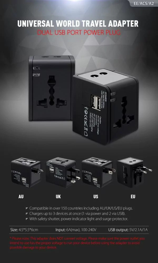 Universal World travel Adapter - Dual USB Port Power Plug