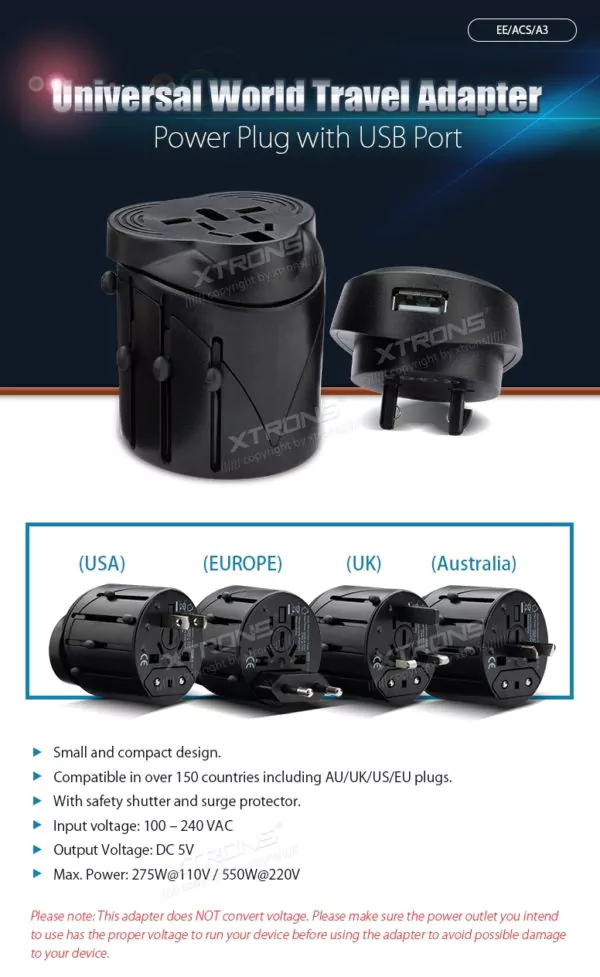 Universal World travel Adapter - Power Plug with USB Port