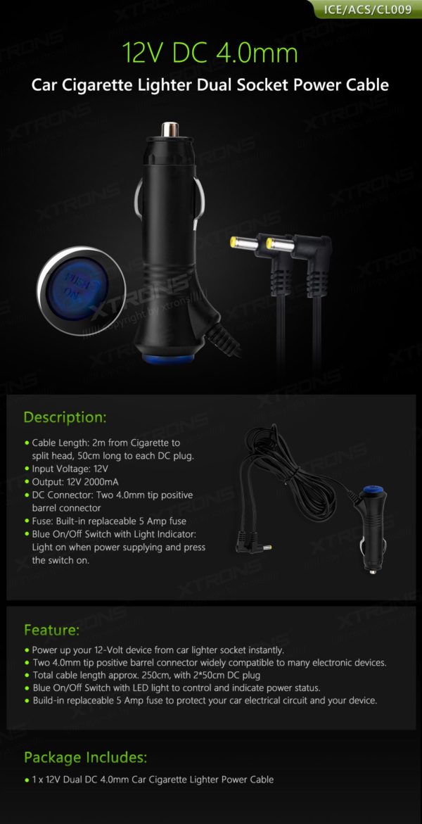 12V DC 4.0mm Car Cigarette Lighter Dual Socket Power Cable