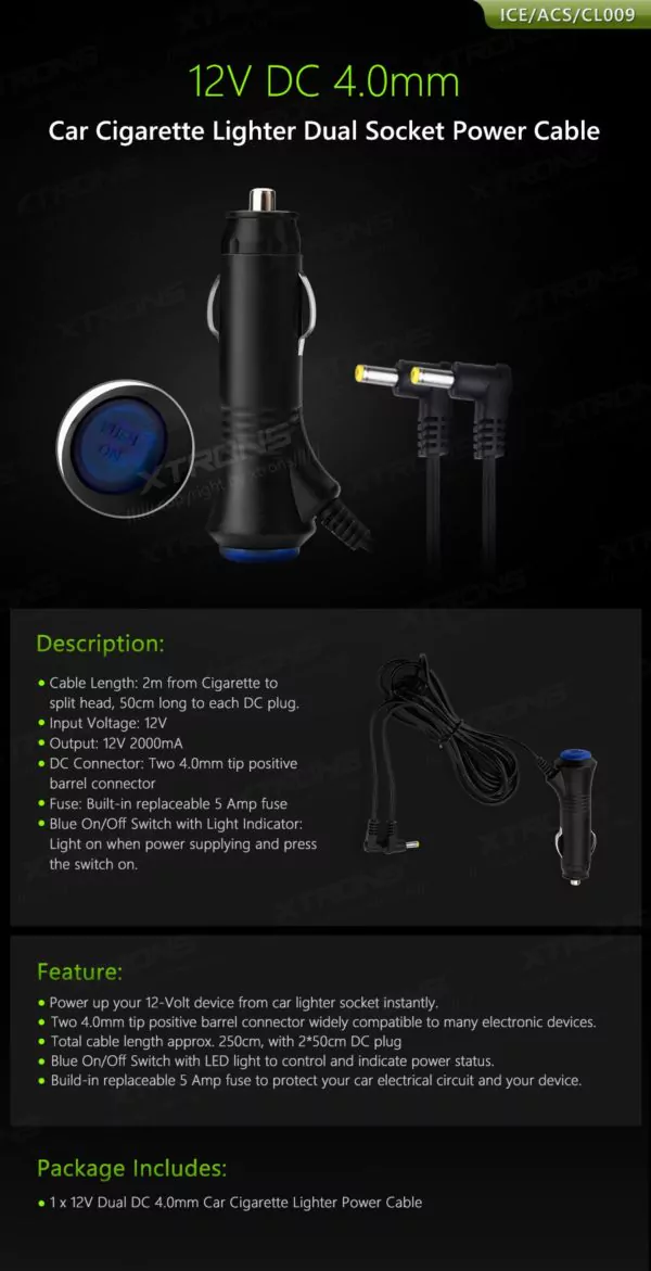 12V DC 4.0mm Car Cigarette Lighter Dual Socket Power Cable