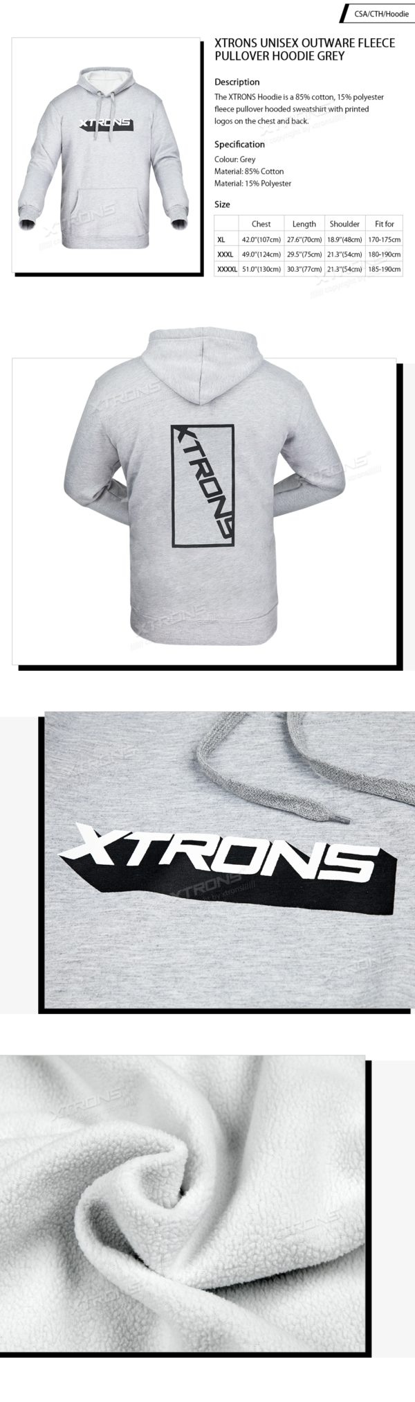 XTRONS Unisex outware fleece pullover hoodie grey