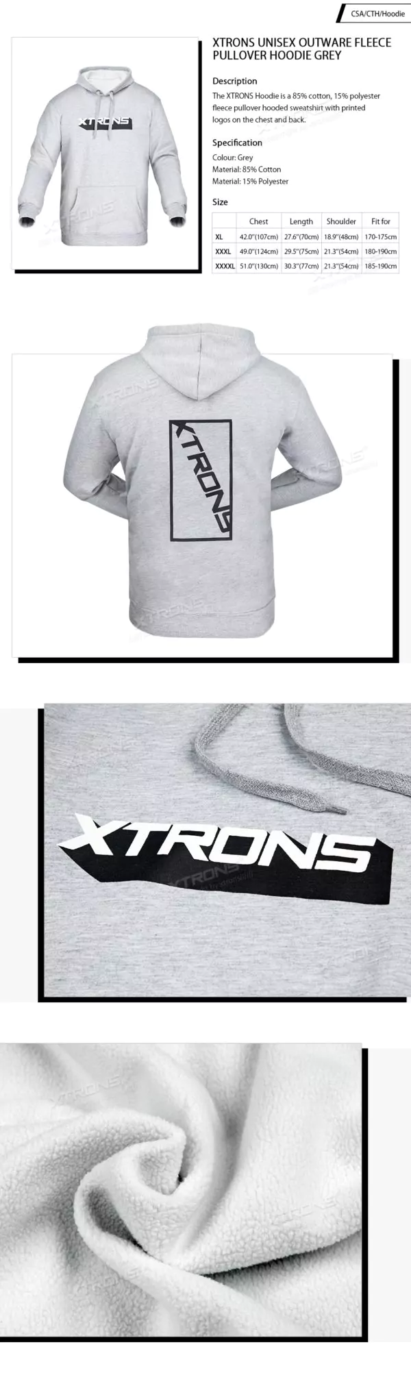 XTRONS Unisex outware fleece pullover hoodie grey