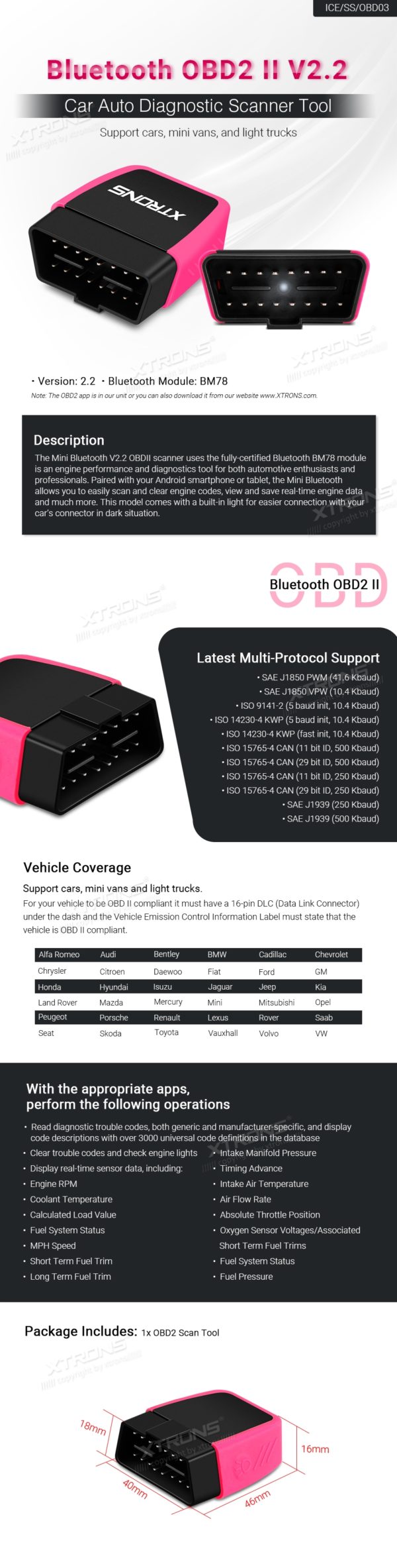 Bluethooth OBD2 II V2.2 Car Auto Diagnostic Scanner Tool Support cars,mini vans,and light trucks