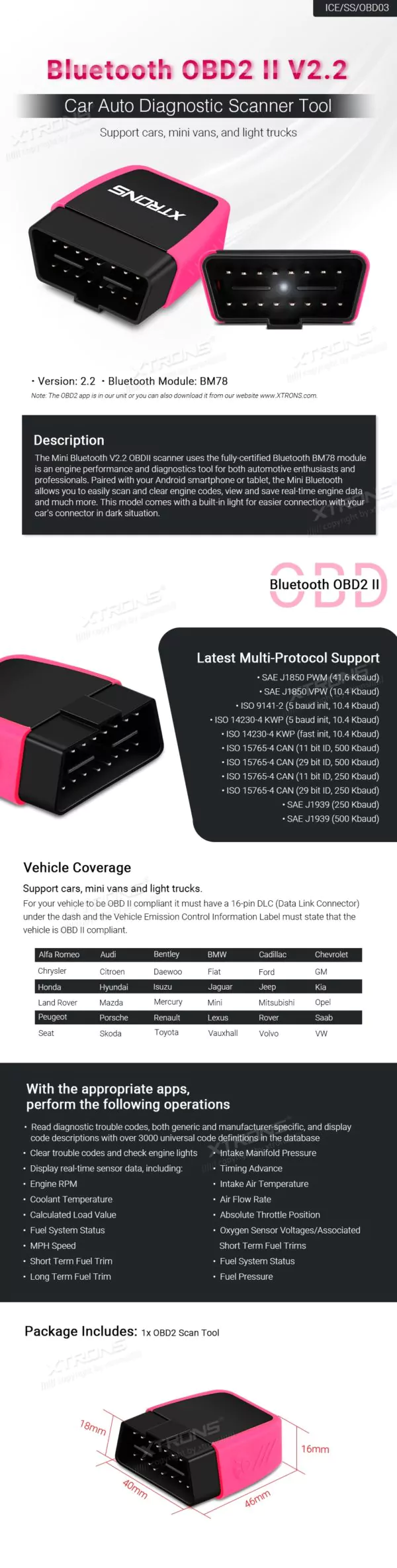 Bluethooth OBD2 II V2.2 Car Auto Diagnostic Scanner Tool Support cars,mini vans,and light trucks