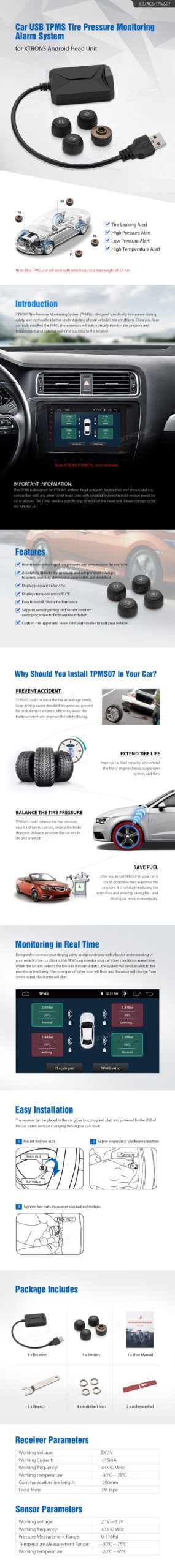 Car USB TPMS Tire Pressure Monitoring Alarm System for XTRONS Android Head Unit