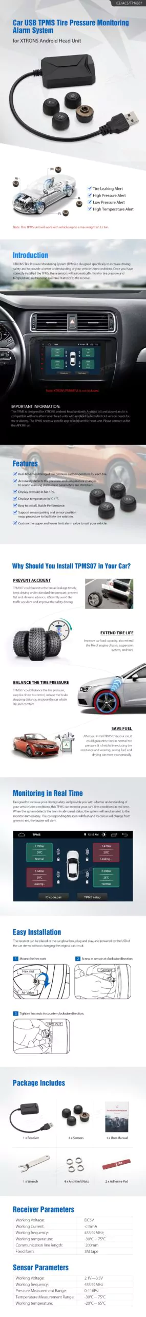 Car USB TPMS Tire Pressure Monitoring Alarm System for XTRONS Android Head Unit